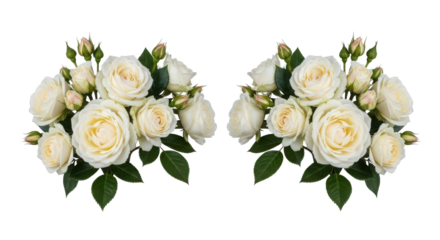 Elegant twin bouquets of delicate white garden roses and green leaves for greeting cards isolated PNG with Transparent Background