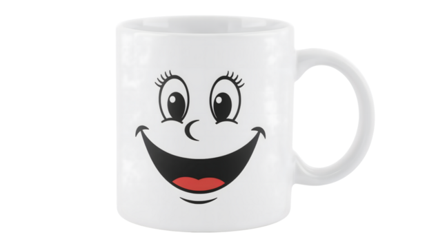 White ceramic mug with happy smiling face and cartoon eyes, isolated on the transparent background, fun coffee cup for positive mood and gift ideas - Powered by Adobe