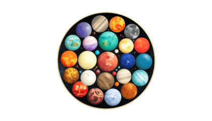 Array of assorted, colorful planets arranged in a circular pattern against a dark, cosmic background, framed in gold