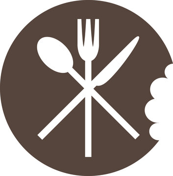 Cutout icon featuring cutlery set within circular design, bite mark detail