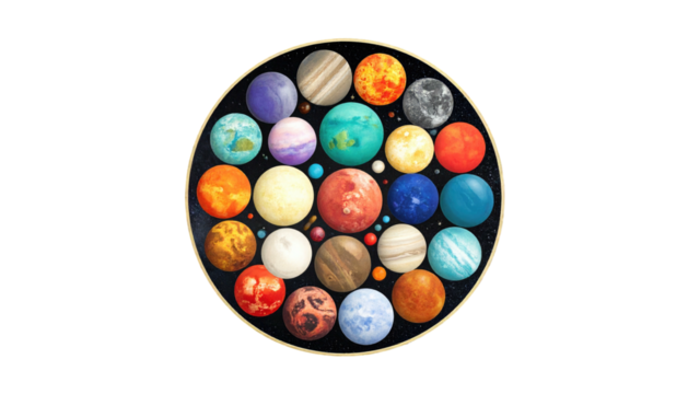Array of assorted, colorful planets arranged in a circular pattern against a dark, cosmic background, framed in gold