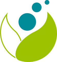 Abstract logo design combining leaf and human figure elements, representing growth, wellness, and sustainability