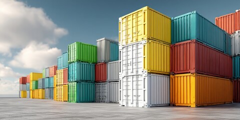 A row of colorful shipping containers are stacked in a warehouse