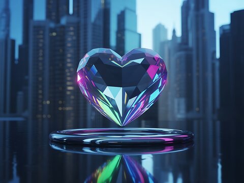 A radiant multifaceted crystal heart gemstone floats above a reflective surface with a blurred futuristic cityscape in the background