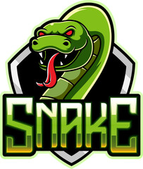 Green snake mascot logo design, aggressive reptile illustration, gaming esports symbol