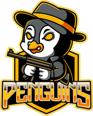 Cartoon penguin gangster with fedora and gun, esports logo design