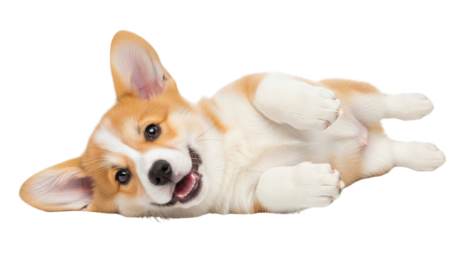 Cute happy Corgi puppy dog lying on back playfully posing for studio portrait isolated PNG with Transparent Background