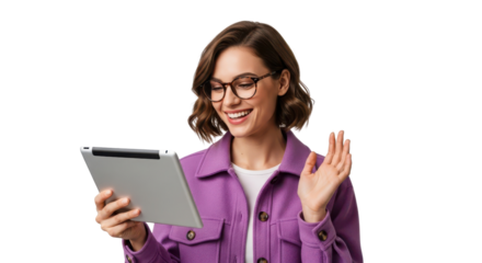 Smiling young woman using a digital tablet for virtual communication or online learning. isolated PNG with Transparent Background