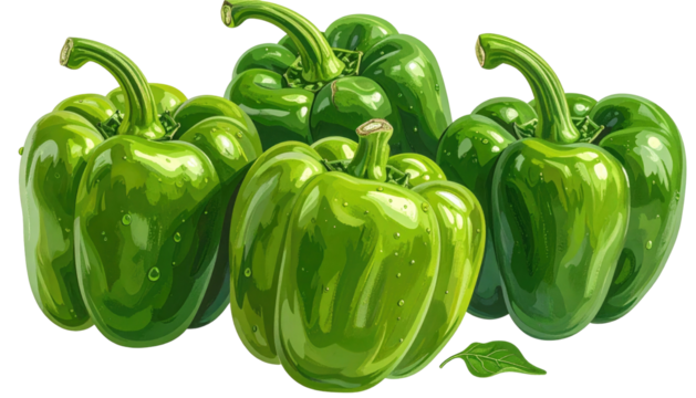 Cluster of shiny green bell peppers, freshly picked, showing smooth skins and curly stems on black