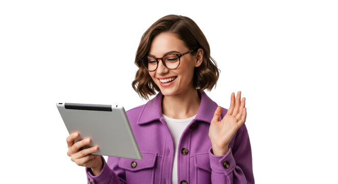 Smiling young woman using a digital tablet for virtual communication or online learning. isolated PNG with Transparent Background