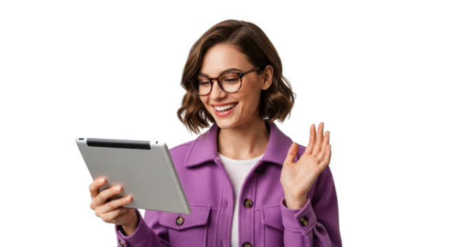 Smiling young woman using a digital tablet for virtual communication or online learning. isolated PNG with Transparent Background - Powered by Adobe