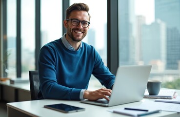 Smiling man with glasses works on laptop at desk in modern office. He wears blue sweater, looking happy and confident. City skyline visible through window.