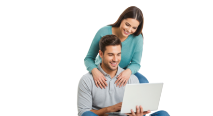 Happy young couple using a laptop for online shopping, browsing, and sharing content isolated PNG with Transparent Background