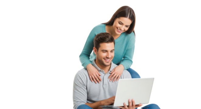 Happy young couple using a laptop for online shopping, browsing, and sharing content isolated PNG with Transparent Background - Powered by Adobe