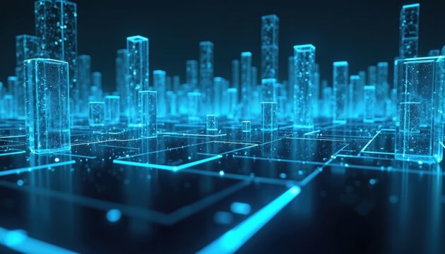 Blockchain concept with glowing blue digital blocks on network grid. Abstract futuristic city of data cubes. Represents cryptocurrency tech, big data, information transfer, decentralized finance