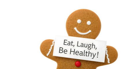 Smiling gingerbread man holding healthy message sign for wellness, laughter, and positive eating habits on the transparent background