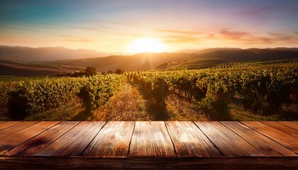 Fototapeta premium Rustic Wooden Table Sunset Vineyard Landscape
