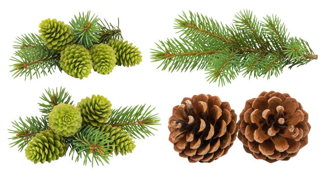Pine tree branches with green and brown cones for Christmas, holiday, and winter decoration design elements isolated PNG with Transparent Background
