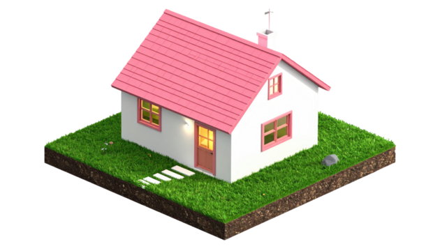 3D rendering of a small house on a grassy plot, isolated on a black background, with pink trim and roof