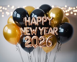 Elegant black and gold balloons adorned with shiny rose gold foil letters announcing happy new year 2026 celebration