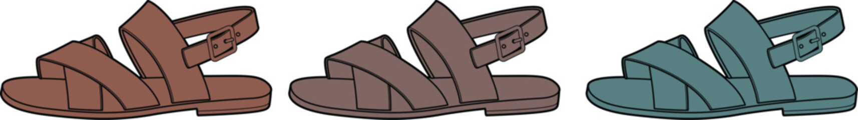 Vector illustration set of three women's strappy summer sandals in different colors. A conceptual design for casual fashion footwear, isolated on a white background