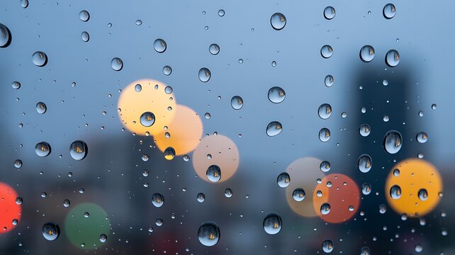 Raindrops clinging to a windowpane create a blurred abstract backdrop of colorful bokeh lights from a distant city at dusk