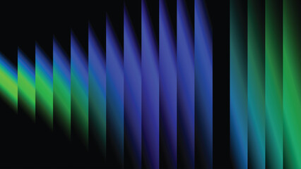 Abstract futuristic background with glowing green and blue vertical panels creating a wave-like pattern on a dark backdrop.