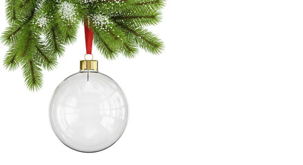 Transparent clear Christmas bauble hanging from snowy pine tree branch mockup template isolated PNG with Transparent Background