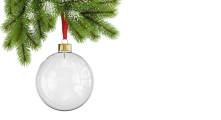 Transparent clear Christmas bauble hanging from snowy pine tree branch mockup template isolated PNG with Transparent Background