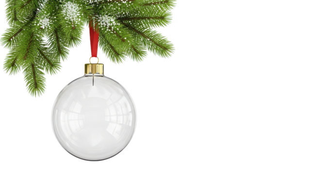 Transparent clear Christmas bauble hanging from snowy pine tree branch mockup template isolated PNG with Transparent Background