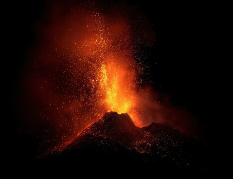 A large volcano with a huge fire spewing out of it