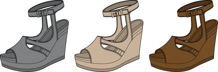 Collection of stylish women's wedge sandals in different colors, perfect for summer fashion and elegant casual wear, illustrating versatile footwear for various occasions and outfits