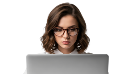 Professional young woman focused intently while working on laptop for business productivity isolated PNG with Transparent Background