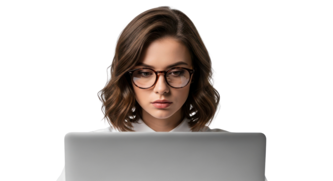 Professional young woman focused intently while working on laptop for business productivity isolated PNG with Transparent Background