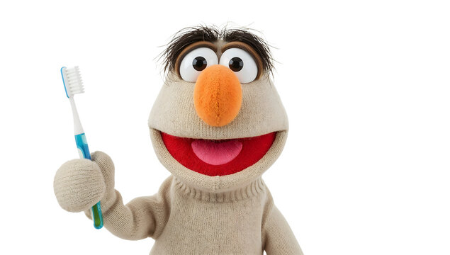 Funny puppet with orange nose holding toothbrush on the transparent background promotes dental hygiene and oral care for children