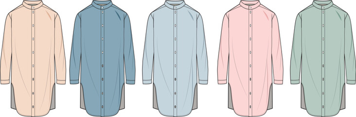 Collection of Long Sleeve Shirt Dress Vector Flat Sketches in Varied Colors