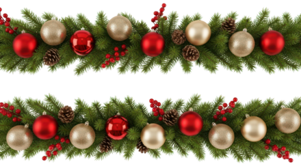 Festive Christmas garland border decoration with red and gold ornaments and pine cones isolated PNG with Transparent Background