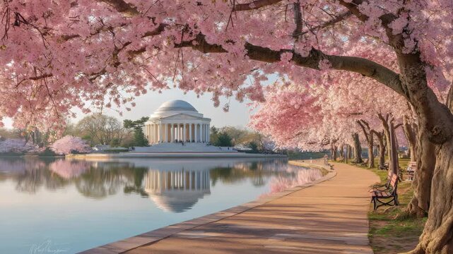 Cherry blossoms frame the Jefferson Memorial in Washington, DC, springtime