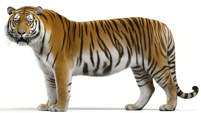 Regal Tiger A majestic tiger stands proudly, its powerful physique and striking stripes showcased against a clean backdrop, embodying strength and grace.