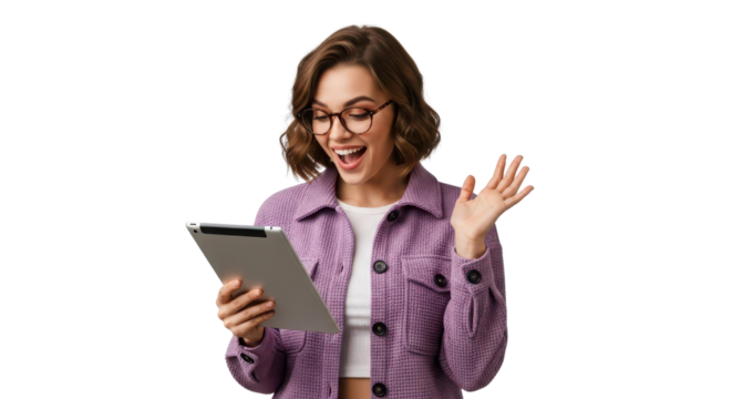 Cheerful young woman making video call waving hello while looking at digital tablet isolated PNG with Transparent Background - Powered by Adobe