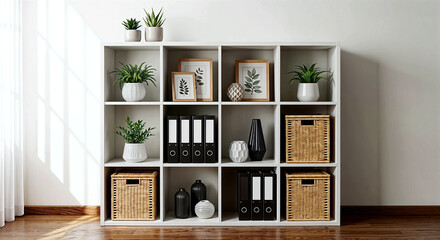 Fototapeta premium Minimalist harmony white cubical shelves blend greenery, texture, and monochrome accents for a modern, balanced interior vibe.