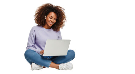Smiling young African American woman using a laptop for remote work or online studying. isolated PNG with Transparent Background