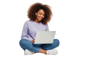 Smiling young African American woman using a laptop for remote work or online studying. isolated PNG with Transparent Background