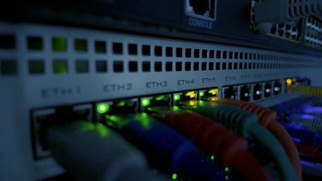 Close-up video of blinking LEDs on network switch showing data flow and connection activity, perfect for IT, technology, and data concepts