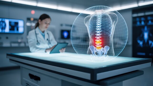 A medical professional examines a holographic spine model on a digital display, highlighting advanced technology in healthcare diagnostics.
