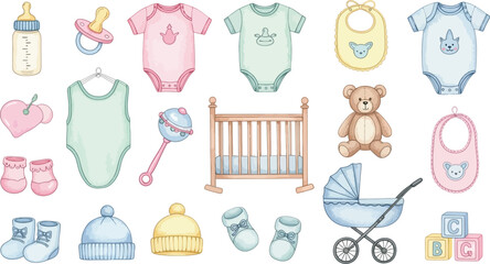 Collection of watercolor illustrations of baby clothes and accessories for newborns
