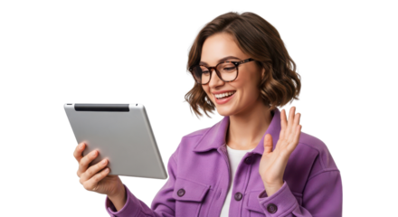 Happy young woman smiling and waving during a video call on a digital tablet isolated PNG with Transparent Background
