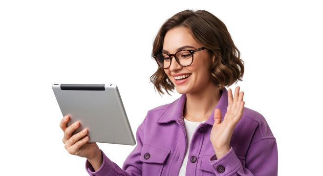 Happy young woman smiling and waving during a video call on a digital tablet isolated PNG with Transparent Background