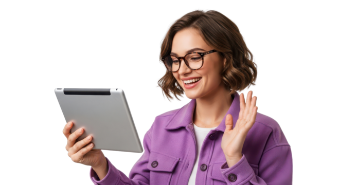 Happy young woman smiling and waving during a video call on a digital tablet isolated PNG with Transparent Background