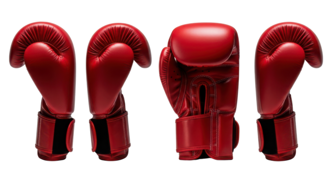 Set of four professional red leather boxing gloves used for training and competition sports isolated PNG with Transparent Background